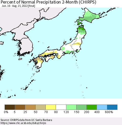 Japan Percent of Normal Precipitation 2-Month (CHIRPS) Thematic Map For 6/16/2022 - 8/15/2022