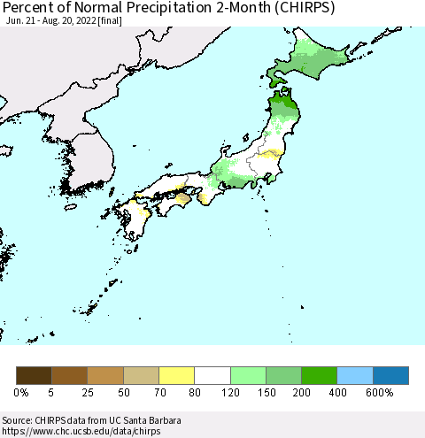 Japan Percent of Normal Precipitation 2-Month (CHIRPS) Thematic Map For 6/21/2022 - 8/20/2022