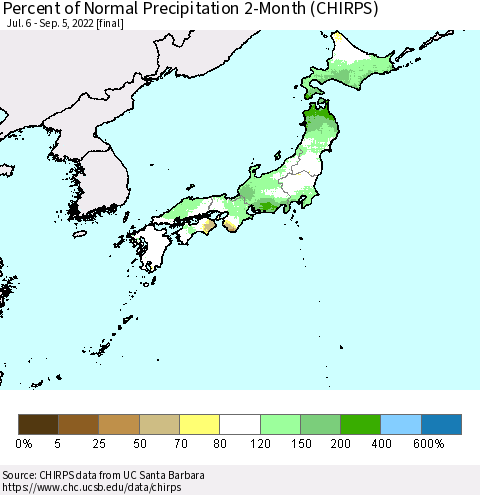 Japan Percent of Normal Precipitation 2-Month (CHIRPS) Thematic Map For 7/6/2022 - 9/5/2022