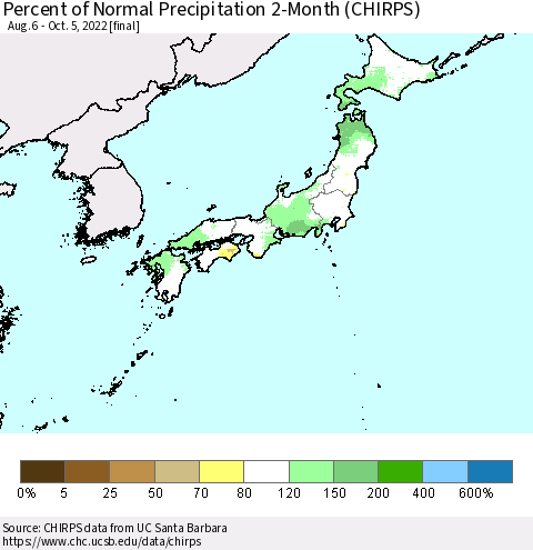 Japan Percent of Normal Precipitation 2-Month (CHIRPS) Thematic Map For 8/6/2022 - 10/5/2022