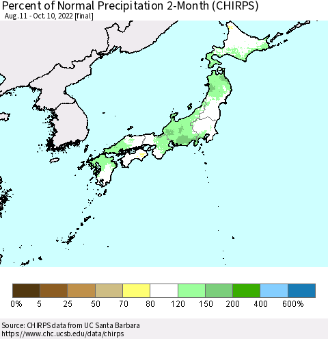 Japan Percent of Normal Precipitation 2-Month (CHIRPS) Thematic Map For 8/11/2022 - 10/10/2022