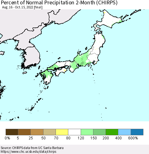 Japan Percent of Normal Precipitation 2-Month (CHIRPS) Thematic Map For 8/16/2022 - 10/15/2022