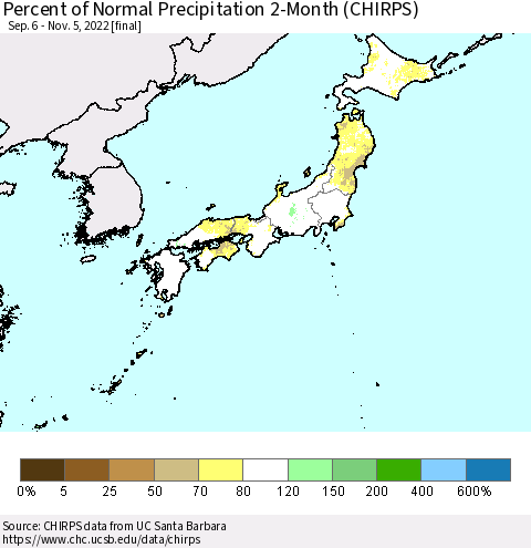 Japan Percent of Normal Precipitation 2-Month (CHIRPS) Thematic Map For 9/6/2022 - 11/5/2022