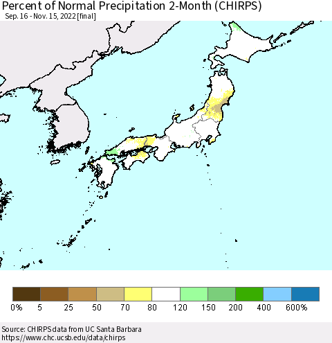 Japan Percent of Normal Precipitation 2-Month (CHIRPS) Thematic Map For 9/16/2022 - 11/15/2022