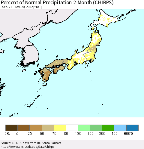 Japan Percent of Normal Precipitation 2-Month (CHIRPS) Thematic Map For 9/21/2022 - 11/20/2022