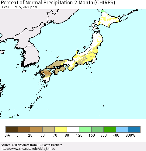 Japan Percent of Normal Precipitation 2-Month (CHIRPS) Thematic Map For 10/6/2022 - 12/5/2022