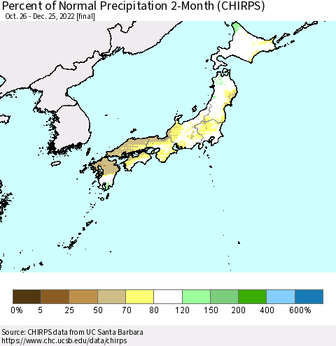 Japan Percent of Normal Precipitation 2-Month (CHIRPS) Thematic Map For 10/26/2022 - 12/25/2022