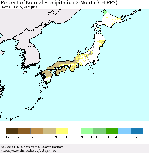 Japan Percent of Normal Precipitation 2-Month (CHIRPS) Thematic Map For 11/6/2022 - 1/5/2023