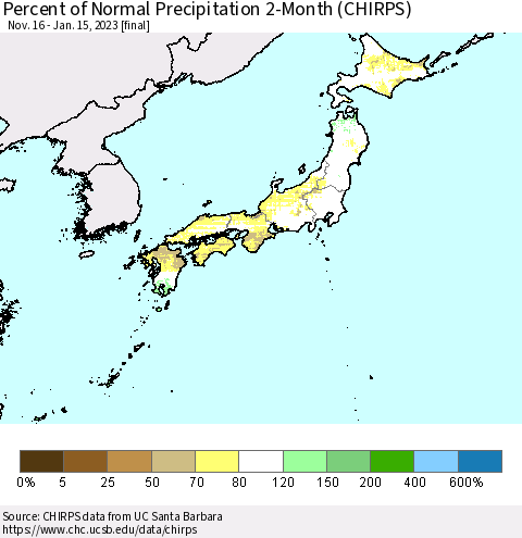 Japan Percent of Normal Precipitation 2-Month (CHIRPS) Thematic Map For 11/16/2022 - 1/15/2023