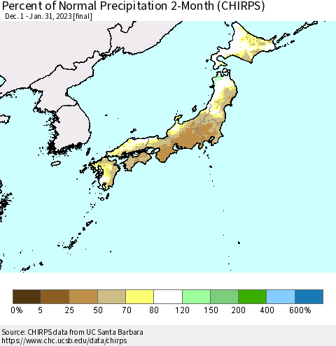 Japan Percent of Normal Precipitation 2-Month (CHIRPS) Thematic Map For 12/1/2022 - 1/31/2023