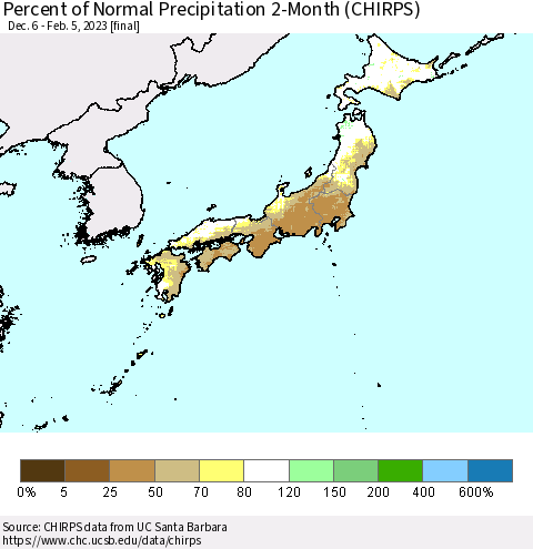 Japan Percent of Normal Precipitation 2-Month (CHIRPS) Thematic Map For 12/6/2022 - 2/5/2023