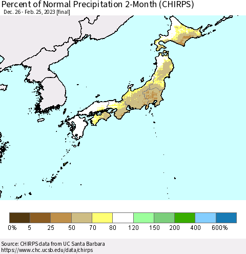 Japan Percent of Normal Precipitation 2-Month (CHIRPS) Thematic Map For 12/26/2022 - 2/25/2023