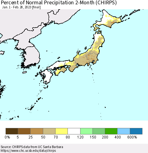 Japan Percent of Normal Precipitation 2-Month (CHIRPS) Thematic Map For 1/1/2023 - 2/28/2023