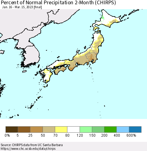 Japan Percent of Normal Precipitation 2-Month (CHIRPS) Thematic Map For 1/16/2023 - 3/15/2023
