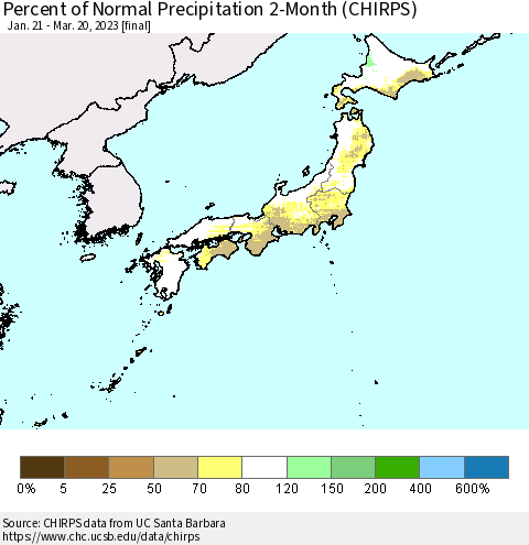 Japan Percent of Normal Precipitation 2-Month (CHIRPS) Thematic Map For 1/21/2023 - 3/20/2023