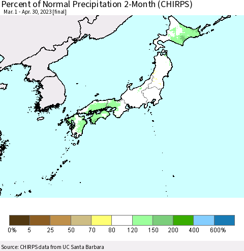 Japan Percent of Normal Precipitation 2-Month (CHIRPS) Thematic Map For 3/1/2023 - 4/30/2023