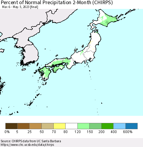 Japan Percent of Normal Precipitation 2-Month (CHIRPS) Thematic Map For 3/6/2023 - 5/5/2023