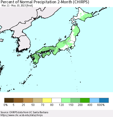 Japan Percent of Normal Precipitation 2-Month (CHIRPS) Thematic Map For 3/11/2023 - 5/10/2023