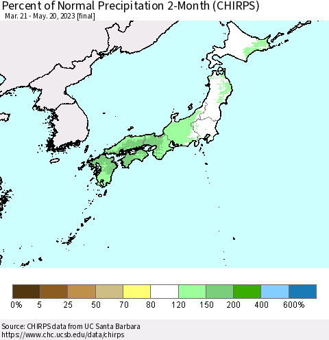 Japan Percent of Normal Precipitation 2-Month (CHIRPS) Thematic Map For 3/21/2023 - 5/20/2023