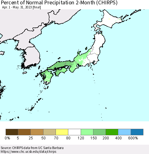 Japan Percent of Normal Precipitation 2-Month (CHIRPS) Thematic Map For 4/1/2023 - 5/31/2023