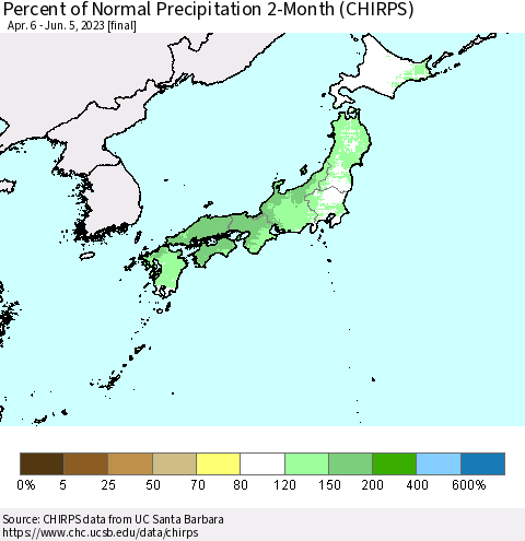 Japan Percent of Normal Precipitation 2-Month (CHIRPS) Thematic Map For 4/6/2023 - 6/5/2023