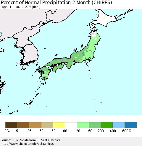 Japan Percent of Normal Precipitation 2-Month (CHIRPS) Thematic Map For 4/11/2023 - 6/10/2023