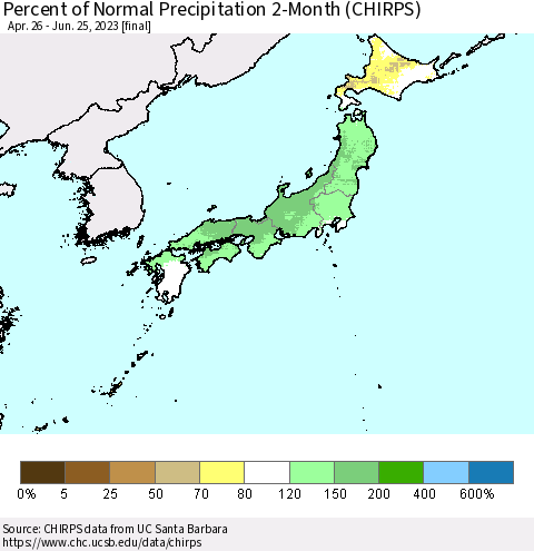 Japan Percent of Normal Precipitation 2-Month (CHIRPS) Thematic Map For 4/26/2023 - 6/25/2023