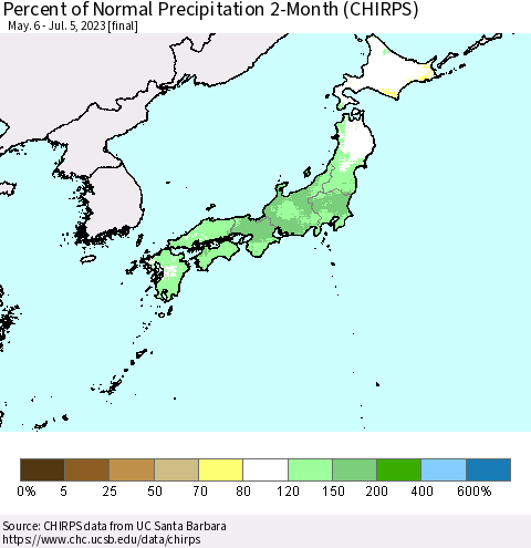 Japan Percent of Normal Precipitation 2-Month (CHIRPS) Thematic Map For 5/6/2023 - 7/5/2023