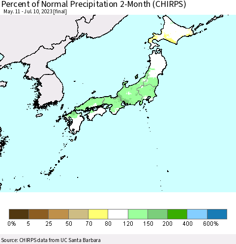 Japan Percent of Normal Precipitation 2-Month (CHIRPS) Thematic Map For 5/11/2023 - 7/10/2023