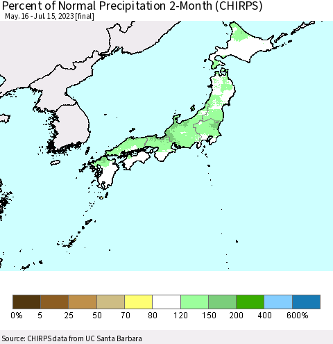 Japan Percent of Normal Precipitation 2-Month (CHIRPS) Thematic Map For 5/16/2023 - 7/15/2023