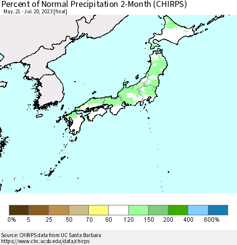 Japan Percent of Normal Precipitation 2-Month (CHIRPS) Thematic Map For 5/21/2023 - 7/20/2023