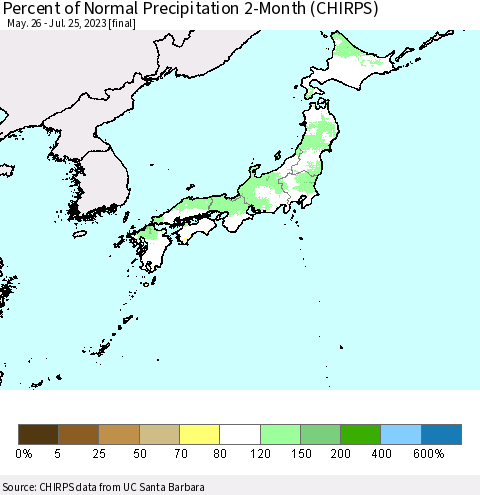 Japan Percent of Normal Precipitation 2-Month (CHIRPS) Thematic Map For 5/26/2023 - 7/25/2023