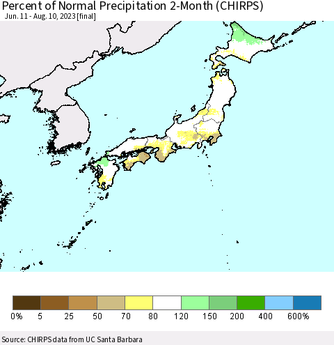Japan Percent of Normal Precipitation 2-Month (CHIRPS) Thematic Map For 6/11/2023 - 8/10/2023