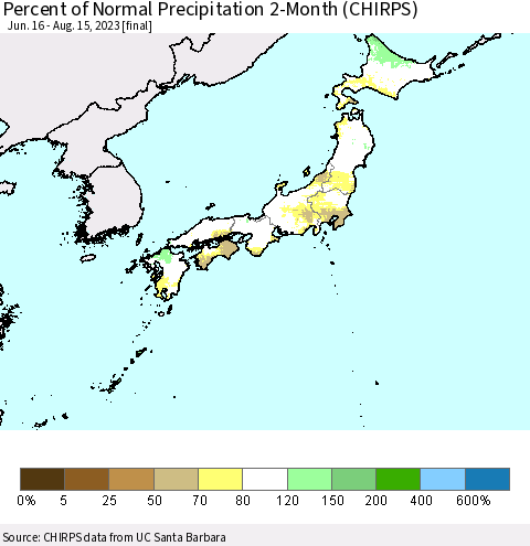 Japan Percent of Normal Precipitation 2-Month (CHIRPS) Thematic Map For 6/16/2023 - 8/15/2023