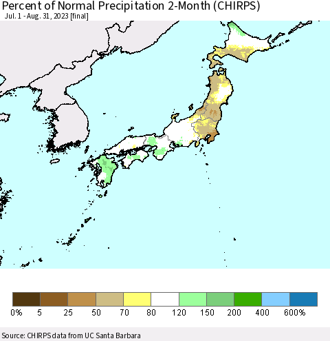 Japan Percent of Normal Precipitation 2-Month (CHIRPS) Thematic Map For 7/1/2023 - 8/31/2023