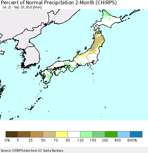 Japan Percent of Normal Precipitation 2-Month (CHIRPS) Thematic Map For 7/21/2023 - 9/20/2023