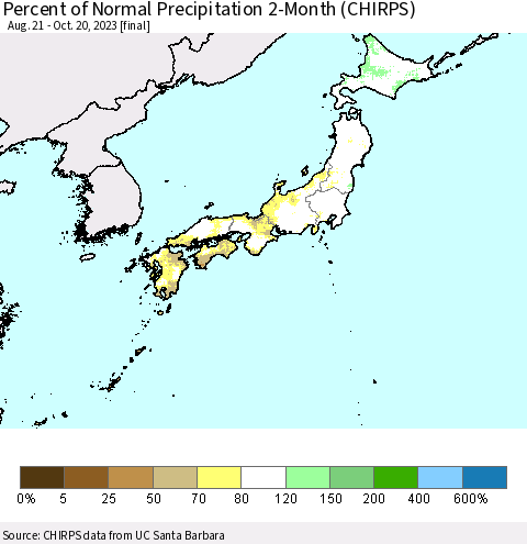 Japan Percent of Normal Precipitation 2-Month (CHIRPS) Thematic Map For 8/21/2023 - 10/20/2023
