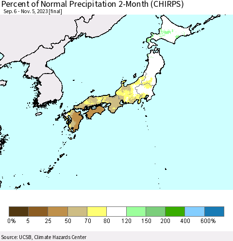 Japan Percent of Normal Precipitation 2-Month (CHIRPS) Thematic Map For 9/6/2023 - 11/5/2023