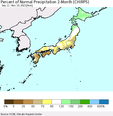 Japan Percent of Normal Precipitation 2-Month (CHIRPS) Thematic Map For 9/11/2023 - 11/10/2023