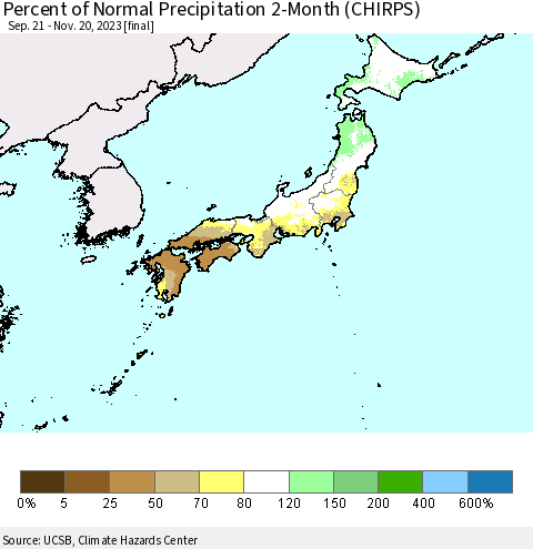 Japan Percent of Normal Precipitation 2-Month (CHIRPS) Thematic Map For 9/21/2023 - 11/20/2023