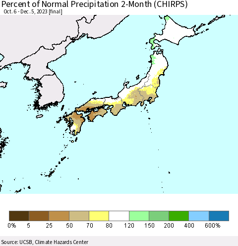 Japan Percent of Normal Precipitation 2-Month (CHIRPS) Thematic Map For 10/6/2023 - 12/5/2023