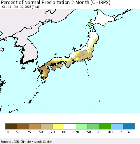 Japan Percent of Normal Precipitation 2-Month (CHIRPS) Thematic Map For 10/11/2023 - 12/10/2023