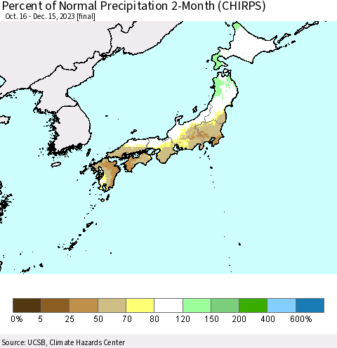 Japan Percent of Normal Precipitation 2-Month (CHIRPS) Thematic Map For 10/16/2023 - 12/15/2023