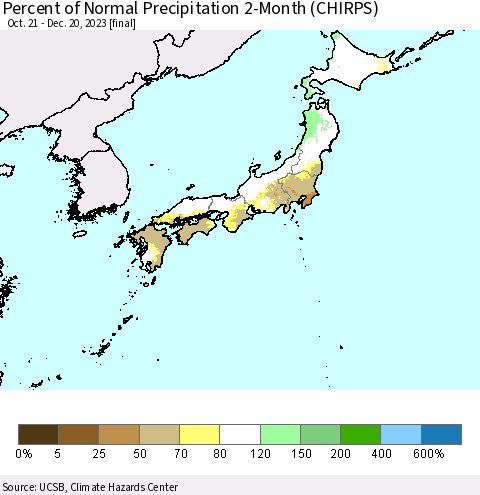Japan Percent of Normal Precipitation 2-Month (CHIRPS) Thematic Map For 10/21/2023 - 12/20/2023