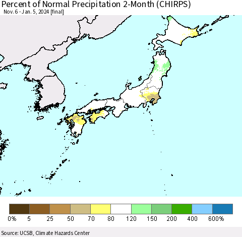 Japan Percent of Normal Precipitation 2-Month (CHIRPS) Thematic Map For 11/6/2023 - 1/5/2024