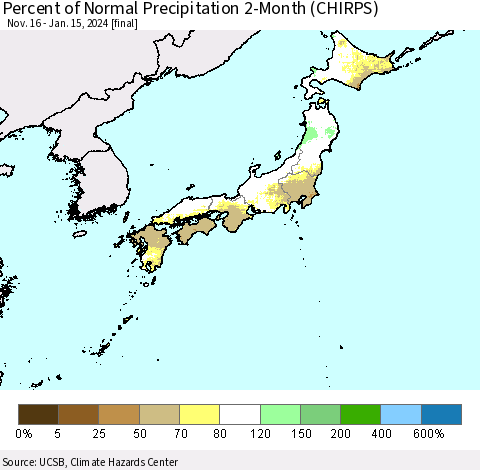 Japan Percent of Normal Precipitation 2-Month (CHIRPS) Thematic Map For 11/16/2023 - 1/15/2024