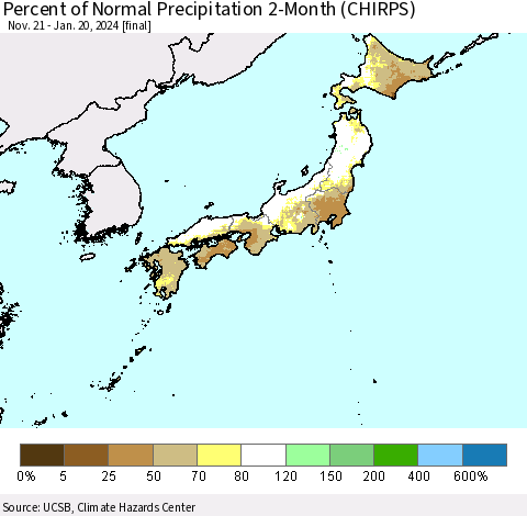Japan Percent of Normal Precipitation 2-Month (CHIRPS) Thematic Map For 11/21/2023 - 1/20/2024