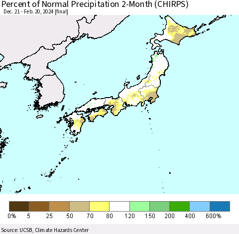 Japan Percent of Normal Precipitation 2-Month (CHIRPS) Thematic Map For 12/21/2023 - 2/20/2024