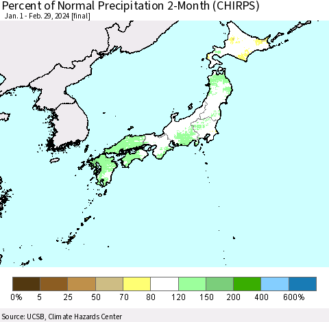 Japan Percent of Normal Precipitation 2-Month (CHIRPS) Thematic Map For 1/1/2024 - 2/29/2024