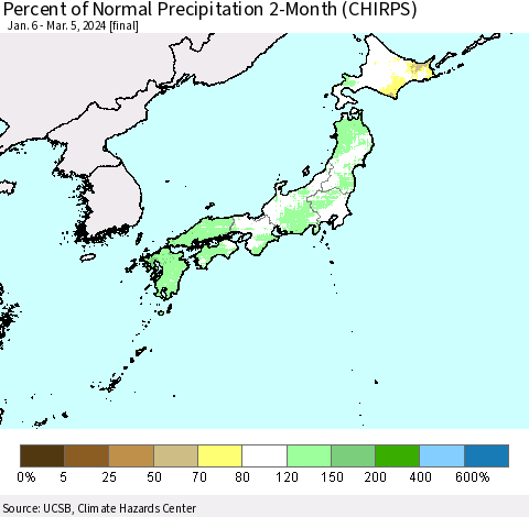 Japan Percent of Normal Precipitation 2-Month (CHIRPS) Thematic Map For 1/6/2024 - 3/5/2024